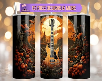 Gitarre Halloween 20 Unzen Skinny Tumbler Sublimationsentwurf, gruseliger Becher, gruseliger Gitarrenbecher digitaler Download, Halloween Tumbler Wrap