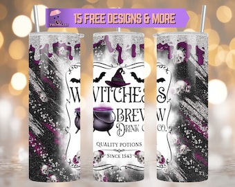 Witches Brew 20oz Skinny Tumbler Wrap, Diseño de sublimación de brillo de bruja Hocus Pocus Tumbler Diseño PNG Descarga digital, Vaso de Halloween