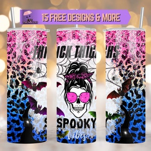 Thick Thighs Spooky Vibes 20 oz Skinny Tumbler, Messy Bun Skull Sublimation Design,Leopard print Wrap PNG Digital Download,Halloween Tumbler
