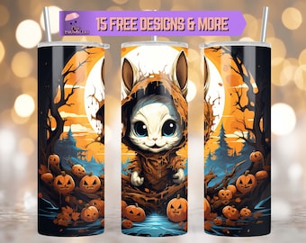 Diseño de sublimación de vaso flaco de conejo de 20 oz, envoltura de vaso de conejo espeluznante, descarga digital de diseño de vaso de conejito gótico, vaso de Halloween
