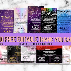 May include: Ten free editable thank you cards with a template edit guide included. The cards feature various colorful backgrounds with glitter and gold accents. The text on the cards includes "Thank you", "This order was handmade with love", "Enjoy 10% off your next order using code THANKYOU10", and "Love you order?"