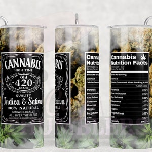 May include: Three black and white labels with the text "Cannabis" and "Old 420 Brand" on a white background. The labels are on a clear tumbler with a green marijuana leaf design. The label on the right side has a nutrition facts table with the text "Cannabis Nutrition Facts".