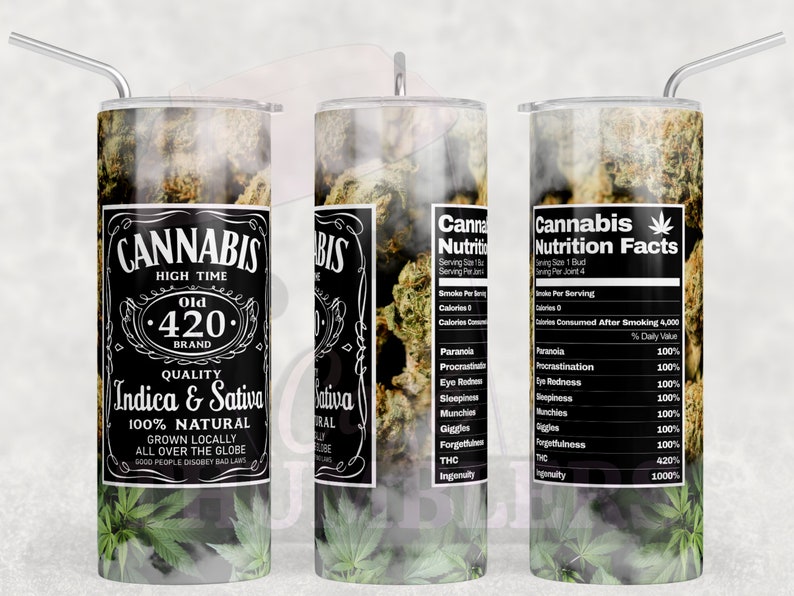 May include: Three black and white labels with the text "Cannabis" and "Old 420 Brand" on a white background. The labels are on a clear tumbler with a green marijuana leaf design. The label on the right side has a nutrition facts table with the text "Cannabis Nutrition Facts".