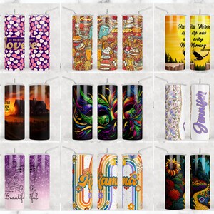 May include: A set of 18 different designs for 20 oz tumblers. The designs include a variety of themes, such as hearts, farm life, Mardi Gras, sunflowers, and inspirational quotes. The tumblers are all stainless steel and have a double-walled construction to keep drinks cold or hot for hours.