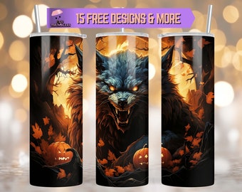 Werwolf 20 oz Skinny Tumbler Sublimationsdesign, gruseliger Wolf Tumbler Wrap, Halloween Werewolf Tumbler Design Digital Download, Wolf Tumbler