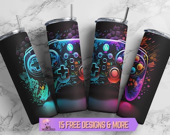 20 oz Skinny Neon Gamer Tumbler Sublimation Design, Gamer Tumbler Wrap, Gaming Tumbler Design PNG Instant Digital Download