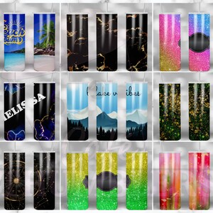 May include: A collection of 20 different designs for 20 oz tumblers. The designs include beach scenes, marble patterns, glitter, and more.