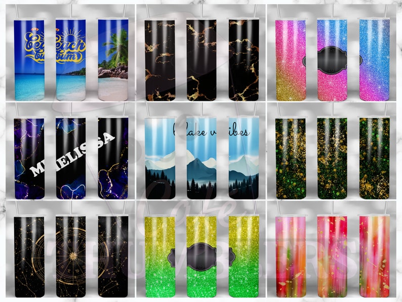 May include: A collection of 20 different designs for 20 oz tumblers. The designs include beach scenes, marble patterns, glitter, and more.
