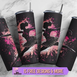 May include: Four stainless steel tumblers with black lids and pink and white watercolor designs of a ballerina silhouette. The tumblers are on a white marble surface.
