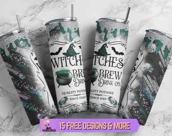 Copo térmico fino de 590ml com glitter para Halloween, estampa de poção de bruxa, design para sublimação, download digital em PNG.