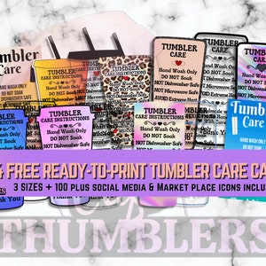 May include: A collection of 14 free printable tumbler care cards in three sizes. The cards feature various designs with the text "Tumbler Care" and instructions for hand washing only and not soaking. The text "14 Free Ready-to-Print Tumbler Care Cards" is displayed in a pink banner at the bottom of the image.