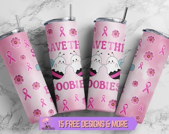 Könnte beinhalten: Rosafarbene Becher mit einem Design mit rosa Schleifen, Blumen und dem Text "SAVE THE BOOBIE DOBIES" mit Geister-Bienen-Charakteren. Jeder Becher hat einen silbernen Strohhalm und Deckel. Der Text "15 FREE DESIGNS & MORE" ist ebenfalls enthalten.