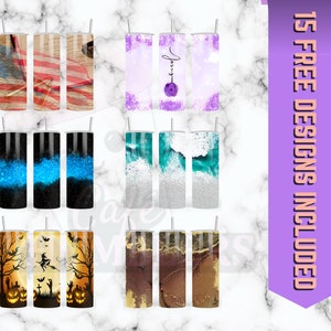 May include: Fifteen different designs for sublimation tumblers. The designs include a variety of themes, such as patriotic, glitter, ocean, and Halloween.