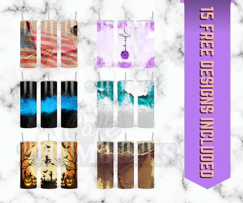 May include: Fifteen different designs for sublimation tumblers. The designs include a variety of themes, such as patriotic, glitter, ocean, and Halloween.