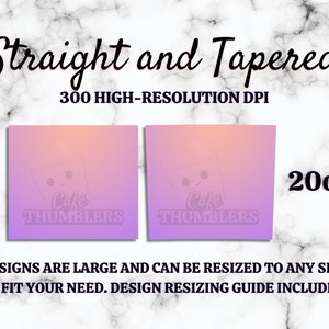 May include: Two digital designs for 20 oz straight and tapered tumblers. The designs feature a gradient background in shades of pink and orange with a cartoon cat holding a coffee cup. The text "Cafe Tumblers" is displayed on each design.