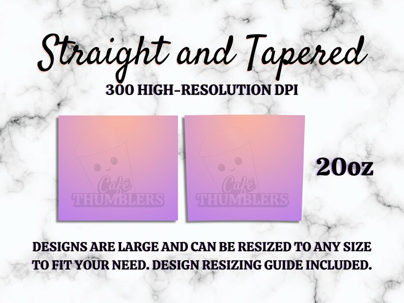 May include: Two digital designs for 20 oz straight and tapered tumblers. The designs feature a gradient background in shades of pink and orange with a cartoon cat holding a coffee cup. The text "Cafe Tumblers" is displayed on each design.