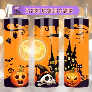 Halloween Spooky Pumpkins & Skulls 20oz Skinny Tumbler Sublimation Design,Pumpkin Fall PNG Wrap,Creepy Autumn Skull Tumbler Digital Download