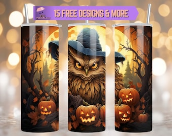 Búho Halloween 20 oz Diseño de sublimación de vaso flaco, Vaso Jack-o-lantern, Descarga digital de vaso de búho espeluznante, Envoltura de vaso de Halloween