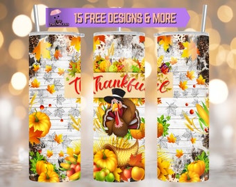 Tacksam 20oz smal tumblerwrap, höstkalkon PNG sublimeringsdesign, höst PNG digital omedelbar nedladdning, Thanksgiving tumblers