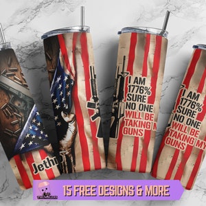 20oz Skinny Tumbler 2nd Amendment Tumbler Wrap, Second Amendment Flag Bullets Gun Sublimation Custom Name PNG Design Digital Download