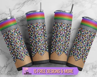 Pencil Teacher 20 oz Skinny Tumbler Sublimation Design,Glitter Seamless Tumbler Wrap PNG,Leopard Design Digital Download,Pencil Tumbler