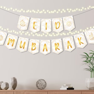Eid Mubarak Banner: White Marble, Gold Foil (Digital Download)