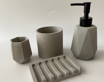 4 pcs Concrete Bathroom Set, Concrete Bathroom Trays, Concrete Soap Dispencer, Concrete Bathroom Set, Housewarming Gifts