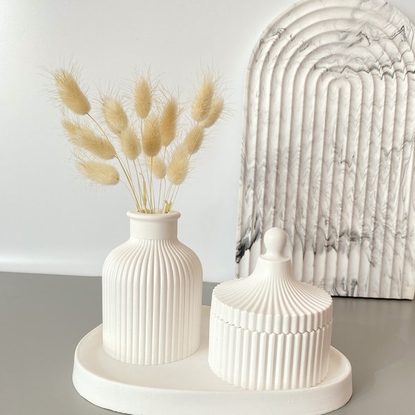 Set of White Concrete Decor, White Table Centerpiece, Concrete Vase, Concrete White Tray, Housewarming Gifts