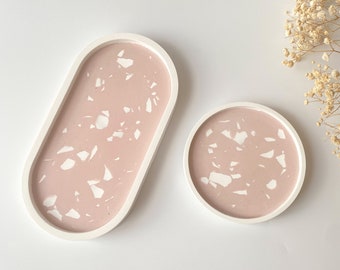 Set of Decorative Terrazzo Tray, Latte Unique Terrazzo Oval Tray, Round Coaster, Tabke Decor Set, Terrazzo Serving Trays, Housewarming Gifts