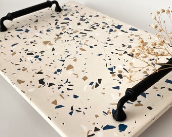 Terrazzo Serving Tray with Handle, 30 cm, 35 cm and 50 cm Long Rectangle Terrazzo Tray, Unique Decorative Tray, Housewarming Gifts