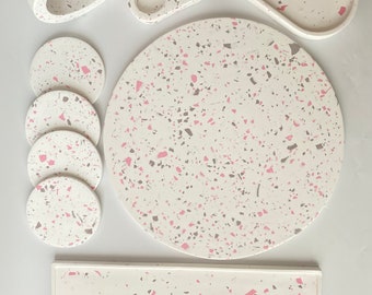 Set of 9 Terrazzo Accessories, Large Round Tray, Terrazzo Coasters, Coffee Table Accessory, Tea light Holder, Vase, Housewarming Gifts