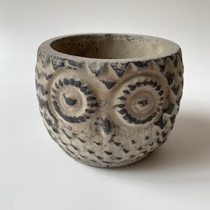 May include: A gray concrete owl planter with black detailing around the eyes. The planter is a round shape and has a textured surface.