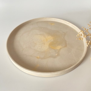 Large 30 cm Round Antique Beige with Gold Concrete Tray, Catch All Tray, Tea Table Tray, Storage Tray Decor, Housewarming Gifts