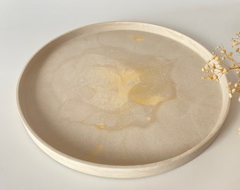 Large 30 cm Round Antique Beige with Gold Concrete Tray, Catch All Tray, Tea Table Tray, Storage Tray Decor, Housewarming Gifts