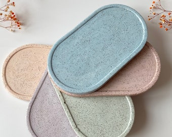 Speckled Decorated Concrete Trays and Coasters, Set of Concrete Vanity Tray, Concrete Oval Trinket Tray, Housewarming Gift