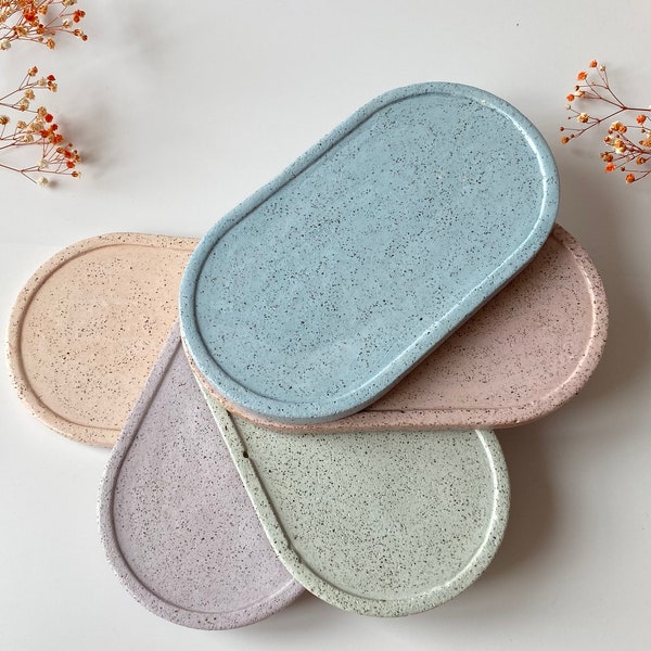 Speckled Decorated Concrete Trays and Coasters, Set of Concrete Vanity Tray, Concrete Oval Trinket Tray, Housewarming Gift