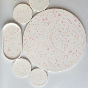 Set of 6 Pink Terrazzo Table Trays, Large Round ConcreteTray, Serving Trays, Coasters, Concrete Decor, Housewarming Gifts