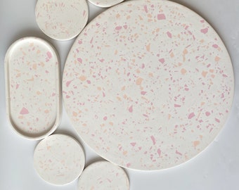 Set of 6 Pink Terrazzo Table Trays, Large Round ConcreteTray, Serving Trays, Coasters, Concrete Decor, Housewarming Gifts