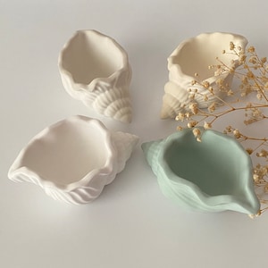 May include: Four ceramic seashell-shaped planters in white, cream, and light green. The planters are arranged on a white surface.