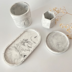 Marbled Concrete Set, Concrete Oval Tray, Circle Concrete Tray, Concrete Pot, Concrete Taper Candel Holder, Housewarming Gifts