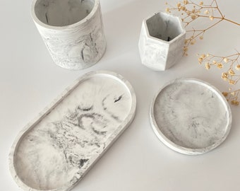 Marbled Concrete Set, Concrete Oval Tray, Circle Concrete Tray, Concrete Pot, Concrete Taper Candel Holder, Housewarming Gifts