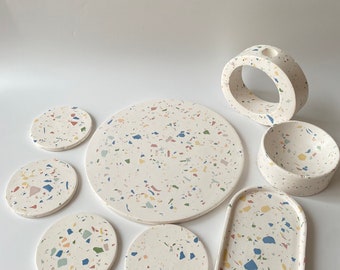 Set of 8 Piece of Kitchen Terrazzo  Accessories, Terrazzo Dining Table Trays, Terrazzo Coasters, Terrazzo Round Tray, Housewarming Gift