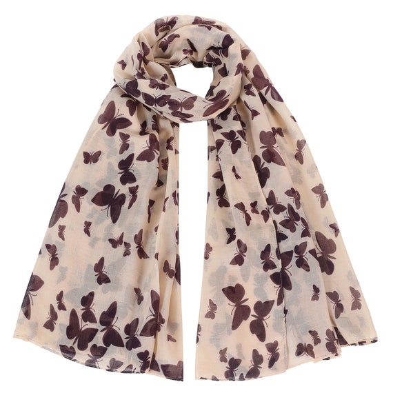 Womens Fashion Butterfly Print Long Scarves Floral Neck Scarf Shawl CREAM 