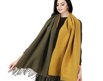 Cashmere Feel Winter Scarf Pashmina Shawl Wrap for Women Ladies Long Large Warm Thick Reversible Blanket Scarves/ Olive/Mustard