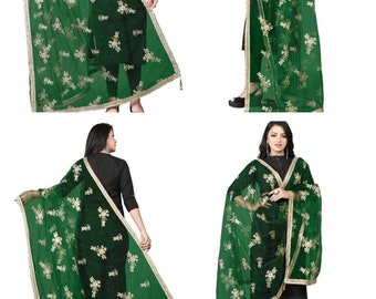 Traditional Soft net dupatta with gold floral embroidery With Tassel