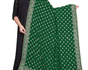 Nouveau Dupatta de mariée en mousseline de soie pour femme avec bordure brodée / Vert bouteille