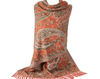 Women Pashmina Scarves Oversized Luxury Winter Scarf Reversible Paisley Shawl for Ladies Blanket Large Wraps / ORANGE