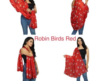 Ladies Women's Christmas Winter Robin Bird Scarf Red