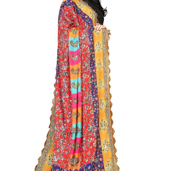 New Stock Fancy Collection 2023 Pakistani Handmade Silk Mirror Work and Multi Flowers Dupatta Red, Yellow With Multi Flowers