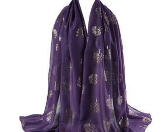 Mulberry Tree Print Scarf Celebrity Designer Scarf Rose Gold Foil Print Scarf Women's Scarf Shawl/RG PURPLE